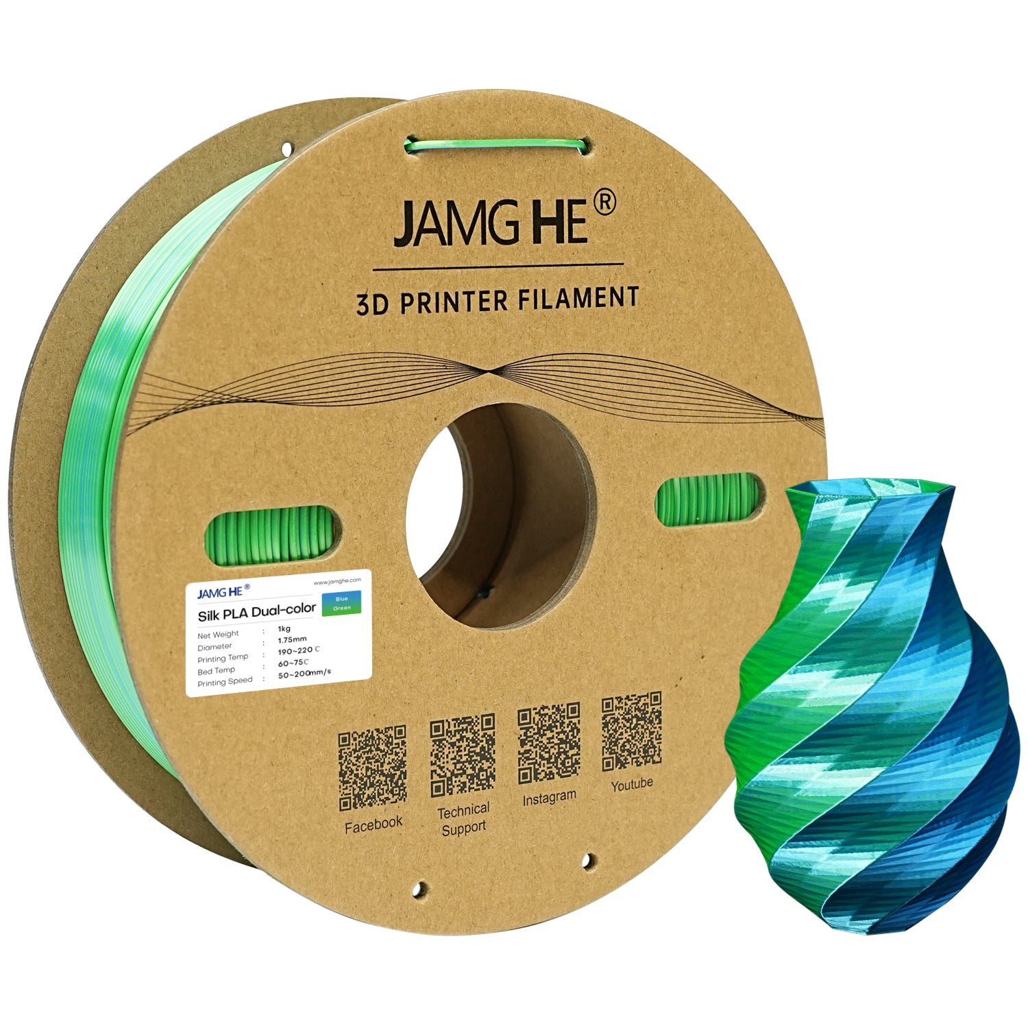 Jamghe 1.75mm Dual Silk PLA Filament Spool - Blue Green