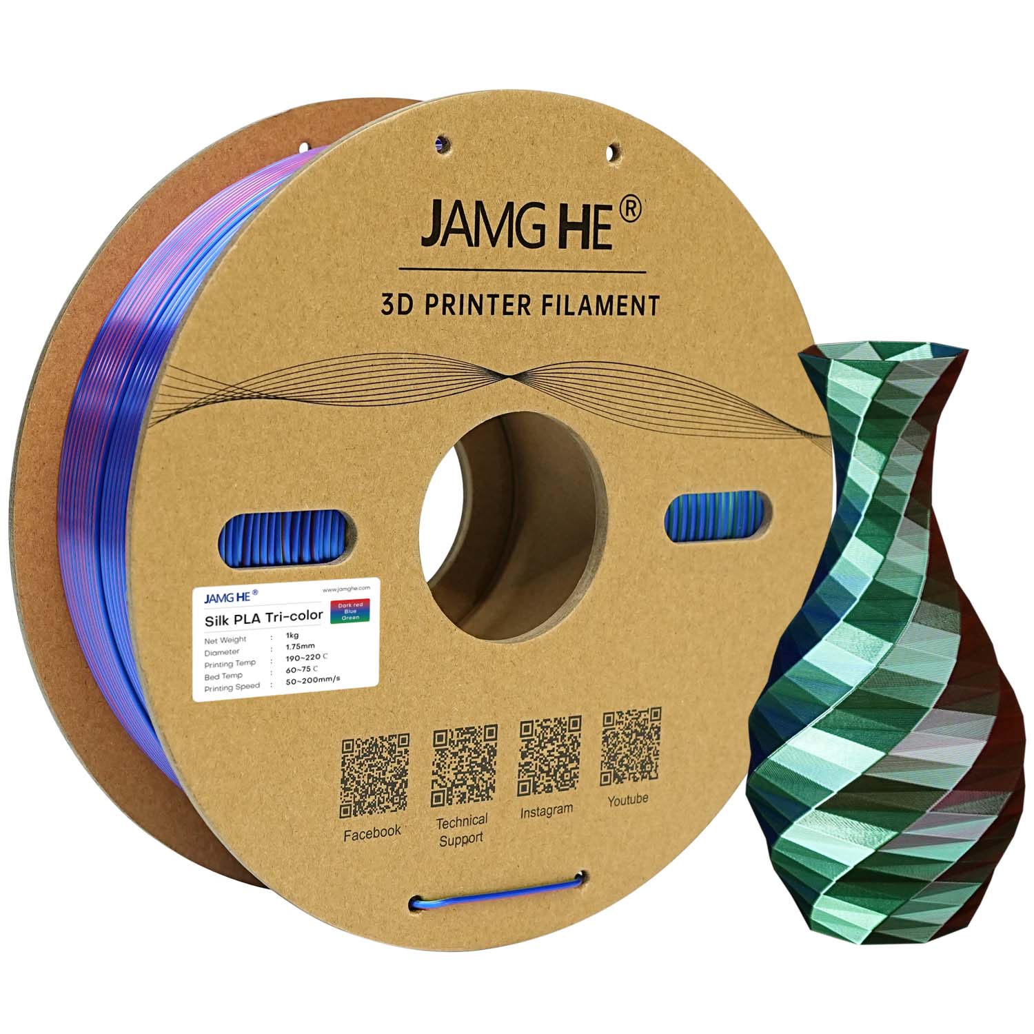 Tri-color Silk PLA Filament, 1.75mm filament_Purple Red Green