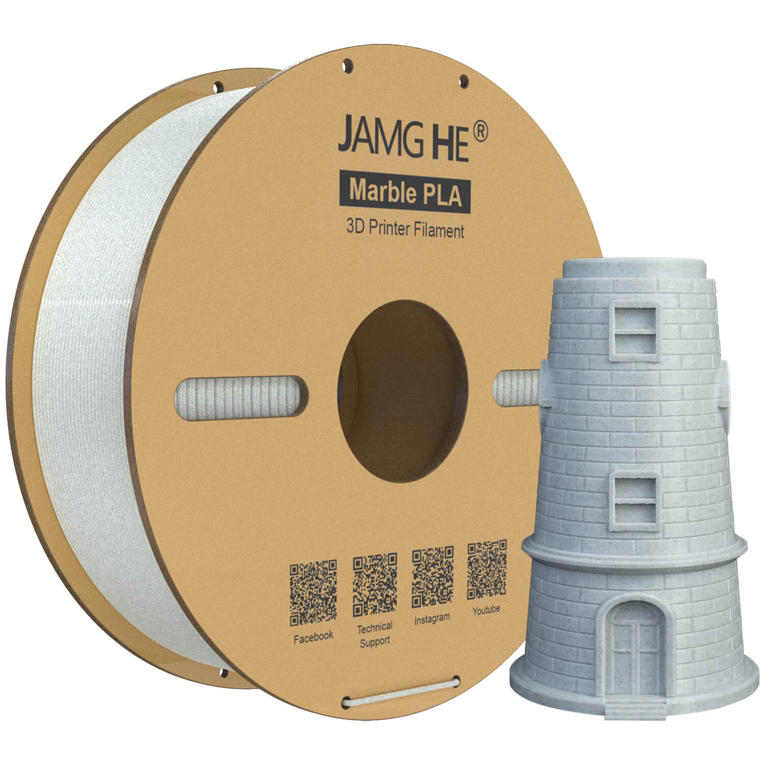 Jamghe Matte Marble PLA Filament Spool - 1.75mm, 3D Printed tower using