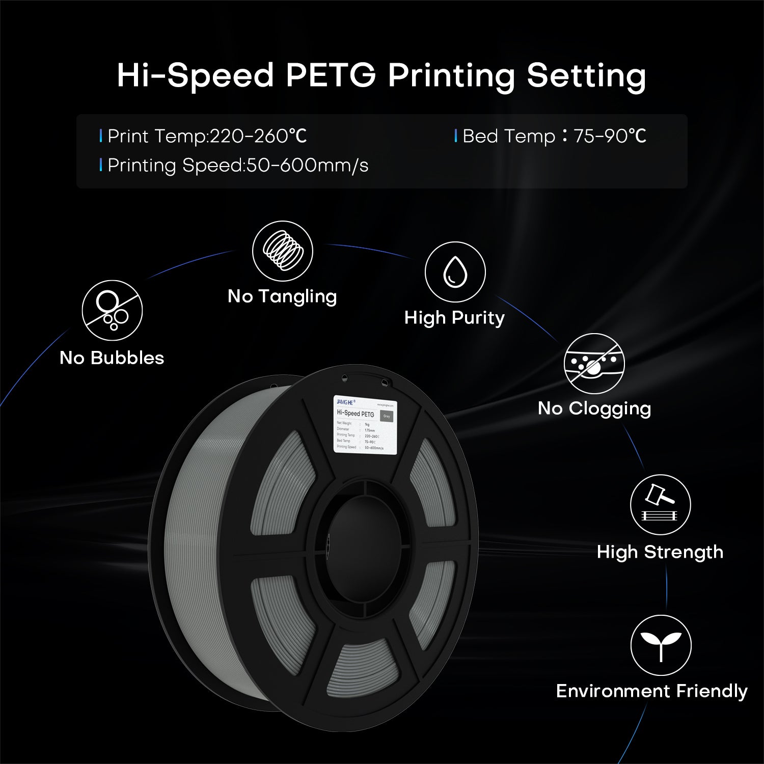 JamgHe_Hi-SpeedPETGPrintinPrint Settings for High-Speed PETG: 
 Print Temp:220-260°C
Bed Temp:75-90°C
Printing Speed:50-600mm/sgSetting
