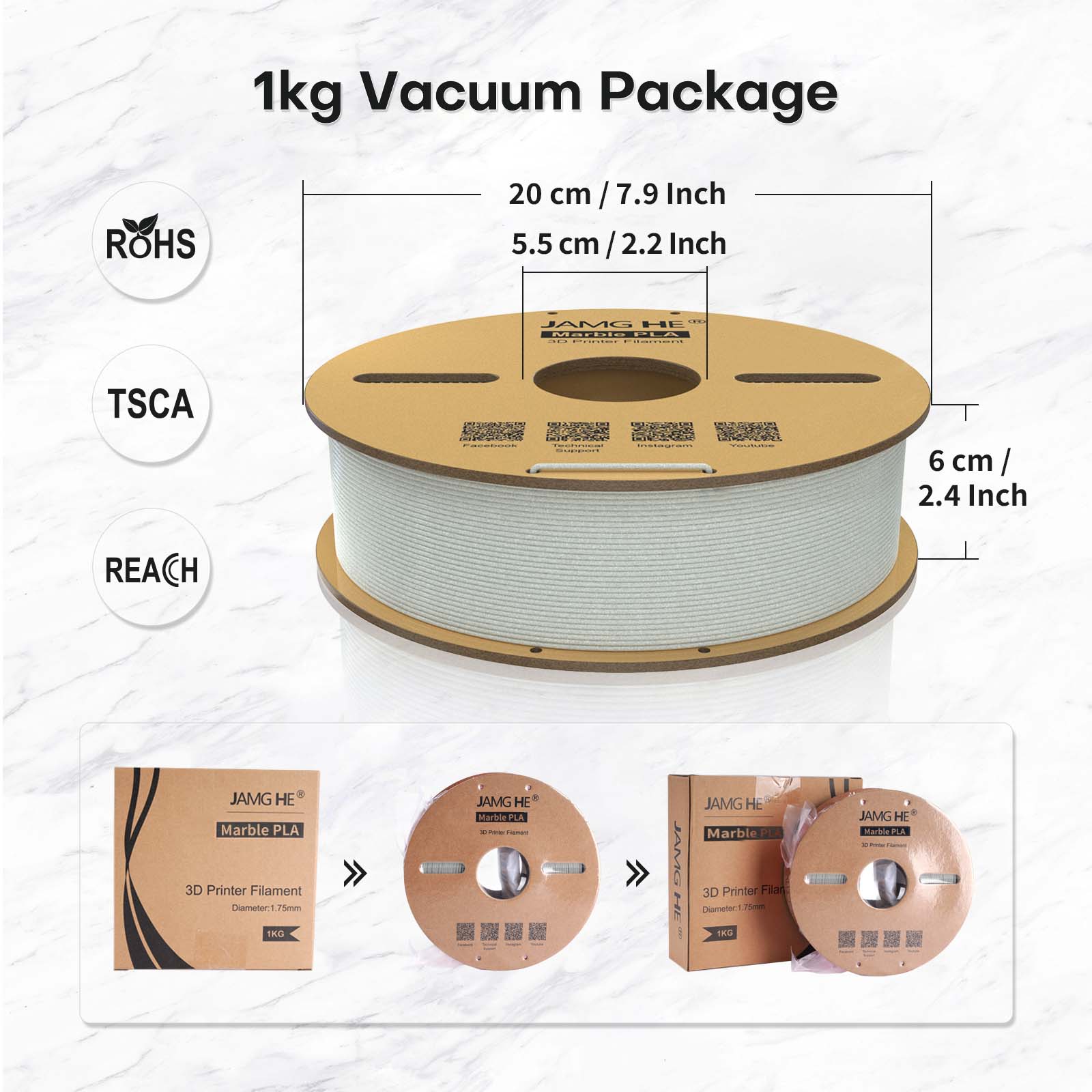 Marble PLA Filament 1.75mm Realistic Stone Effect 3D Printing