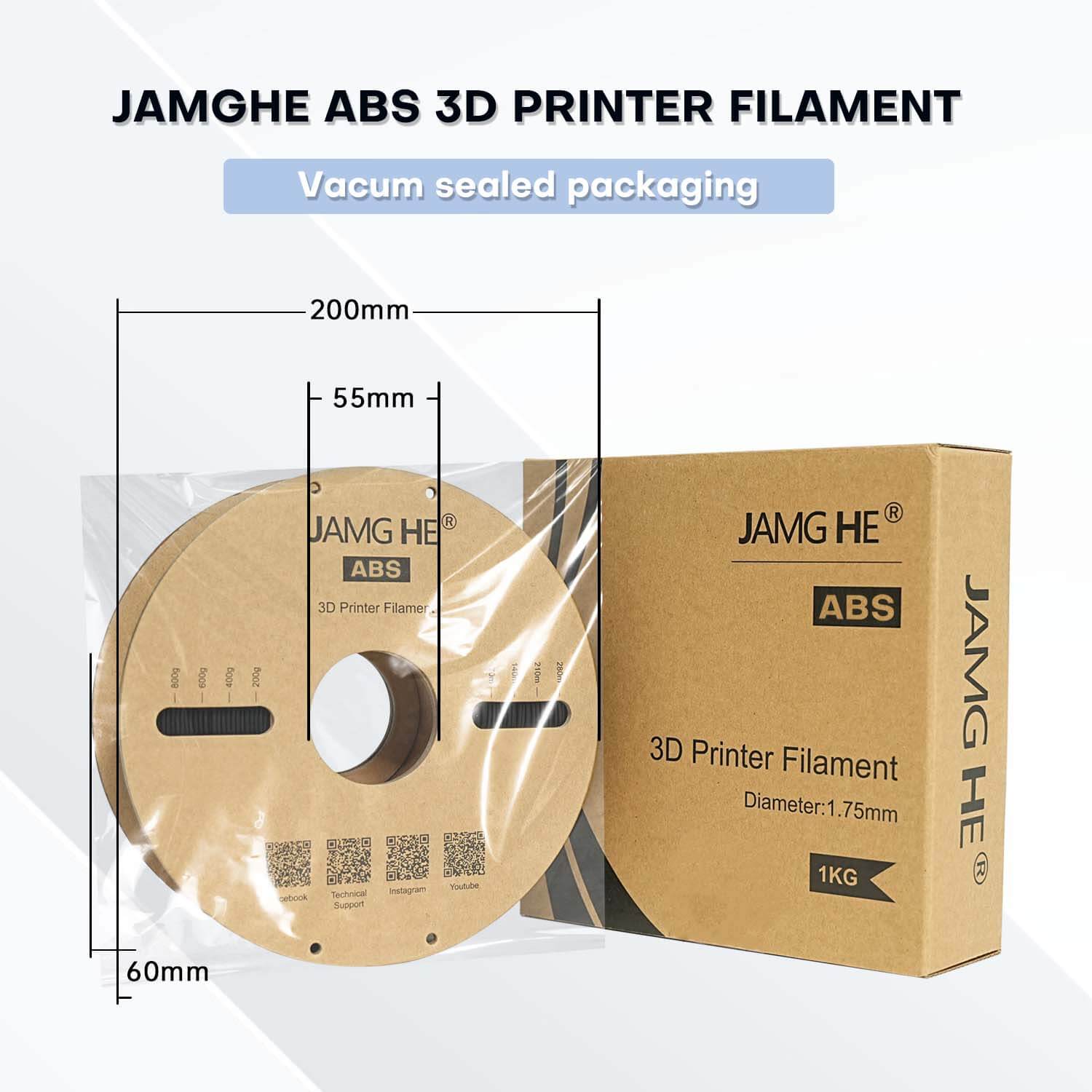 jamghe 3d printing filament abs vacum sealed packaging